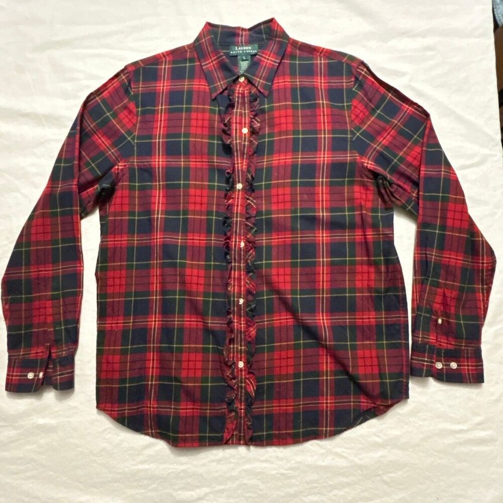 Lauren Ralph Lauren Plaid Button Front Blouse | Ruffle Front | Red Green Tartan